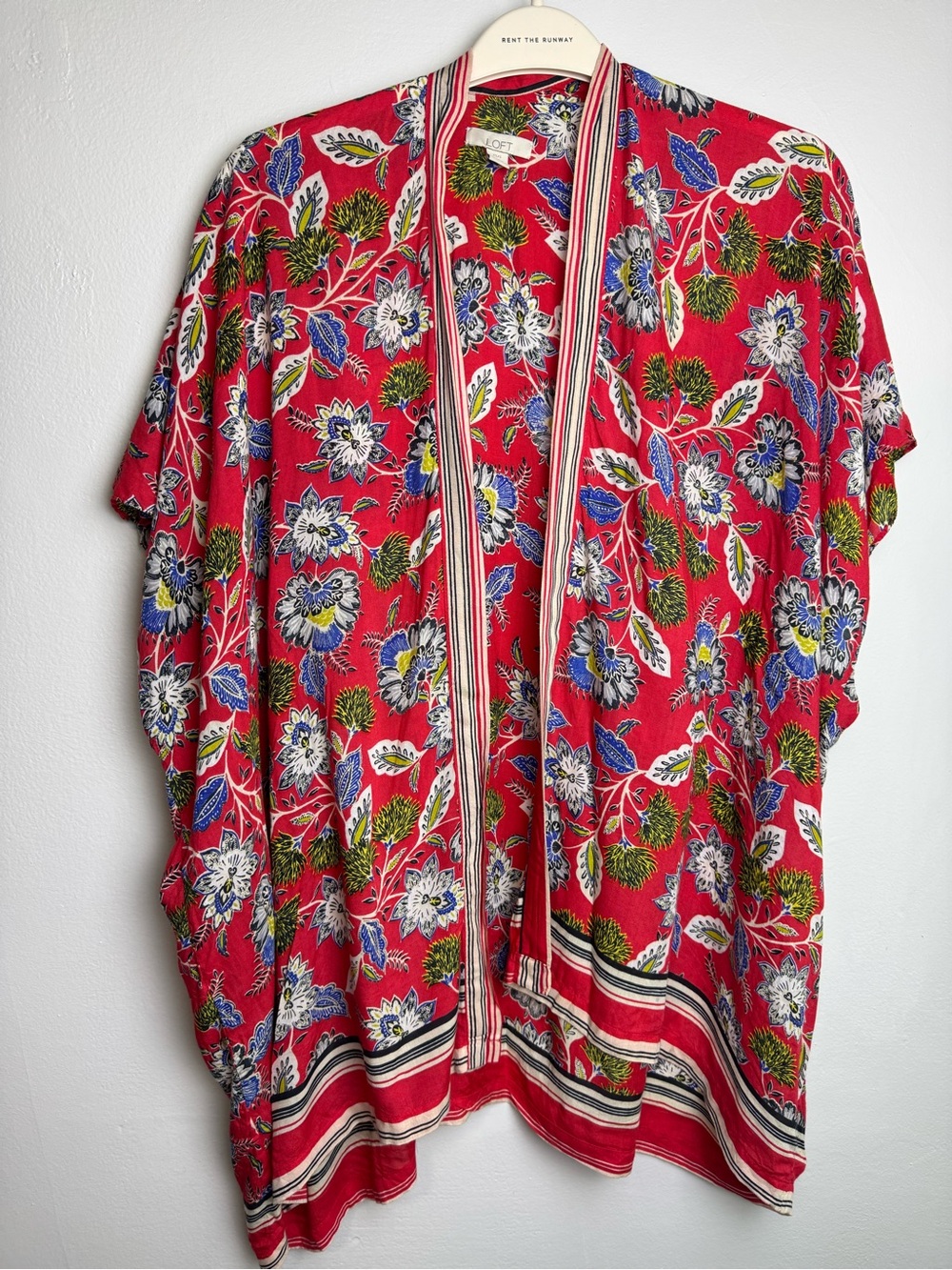 LOFT Red Floral Open-Front Top with Blue and Yellow Accents